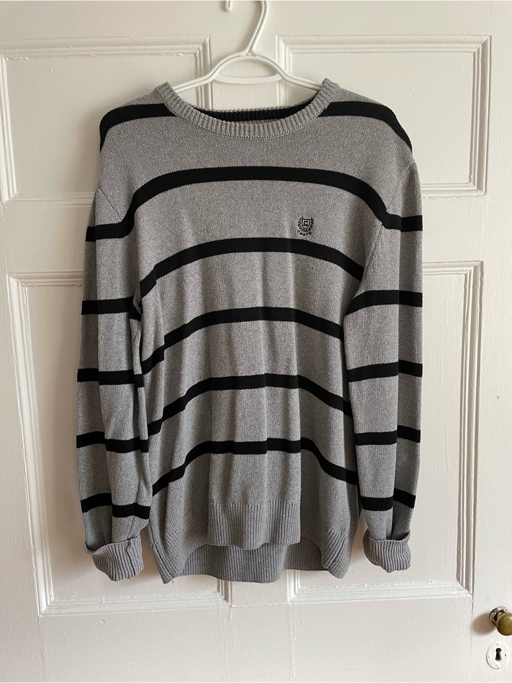 Chaps | Gray and Black Striped Crewneck Sweater